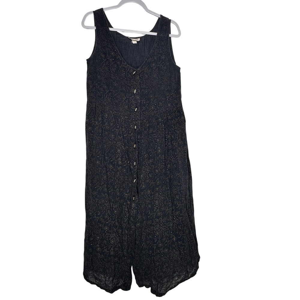Sand Dollars Black Gold Glitter Floral Gauze Sleeveless Midi Dress Toggle Button